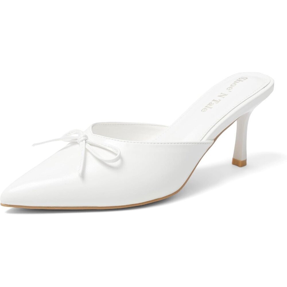 Women's White Kitten Heels Bow Heeled Sandals Closed Pointed Toe Slip On